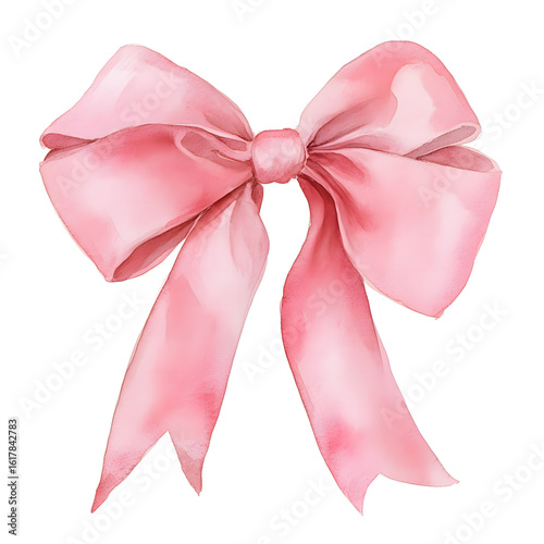Elegant watercolor pink satin bow with flowing ribbons isolated on transparent background