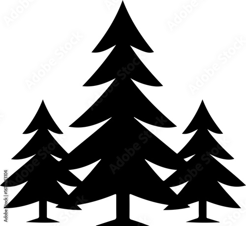 Three stylized pine trees in silhouette