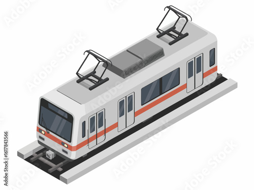 Isometric View of Urban Train or Metro Rail System with Overhead Lines and Modern Design Illustration for City Transportation