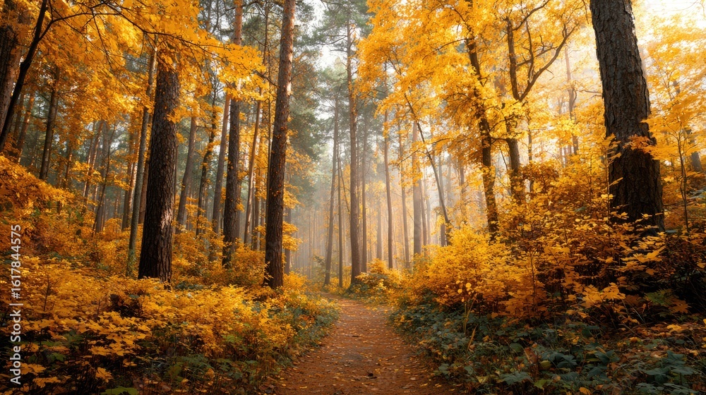 Obraz premium A path in an autumn forest. Trees turn golden yellow on both sides. The atmosphere is peaceful and shady.