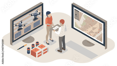 Isometric view of two people discussing drone operations in front of monitors and equipment display