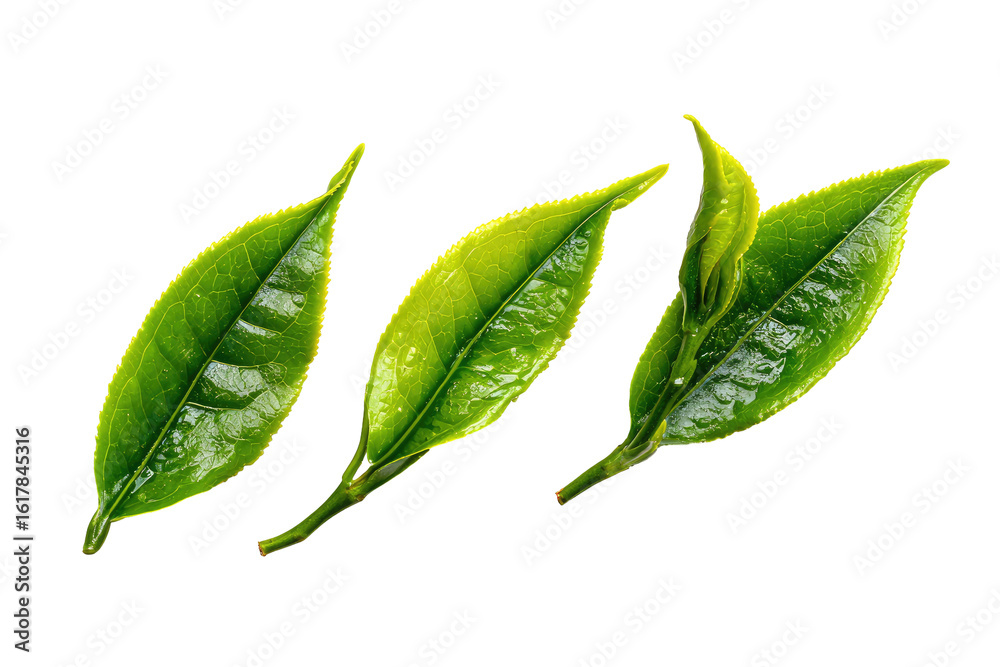 Obraz premium Fresh green tea leaves. Close-up of vibrant, healthy tea leaves, three leaves arranged in a slightly diagonal line. Bright, isolated against black background