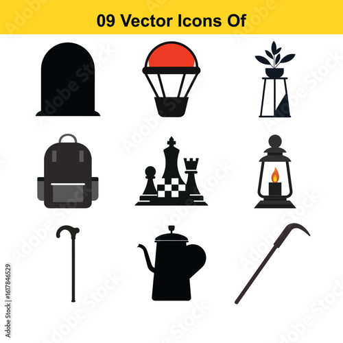 Black silhouette icons of various objects including a tombstone hot air balloon backpack chess pieces lantern walking cane teapot and crowbar