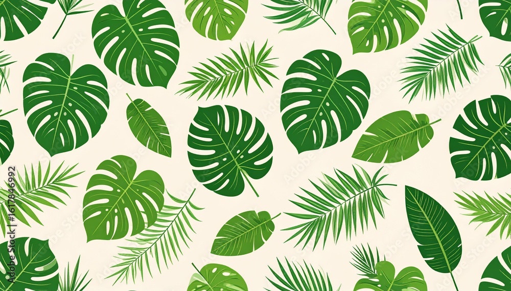 Seamless tropical pattern with green monstera and palm leaves on a light beige background.
Seamless tropical pattern with green monstera and palm leaves on a light beige background.