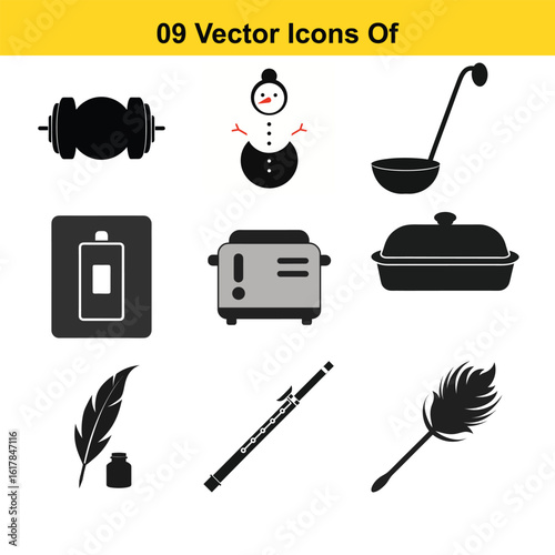 Diverse collection of black and white icons snowman