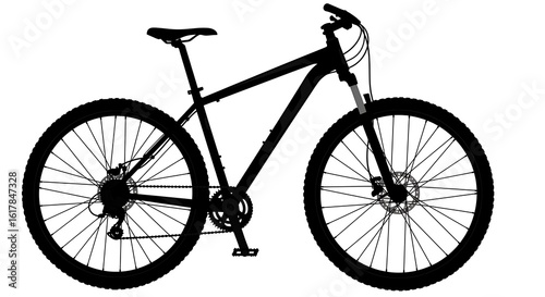 Black vector silhouette of an isolated sport bicycle with a prominent wheel, frame, and pedals, perfect for depicting cycling or mountain biking