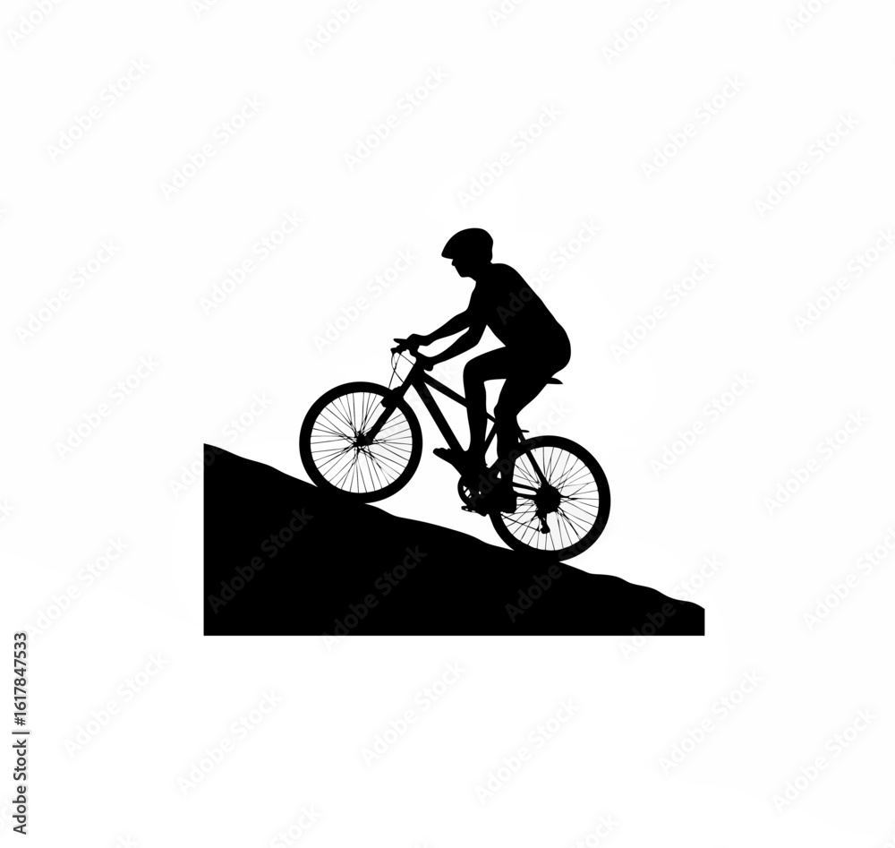 Fototapeta premium Silhouette of person riding bicycle uphill with effort on white background