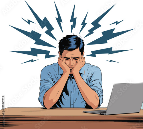 Stressed Man Featuring Lightning Bolts Representing Anxiety at Desk