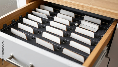 Wallpaper Mural Drawer divider system mockup with organized compartments for efficient storage. This design enhances organization and maximizes space in drawers Torontodigital.ca