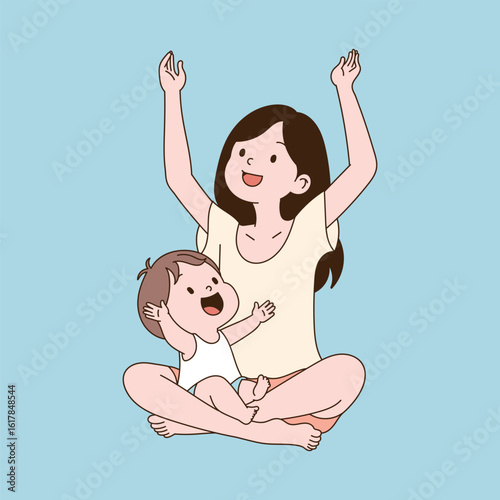 A mother sitting with her baby looking up and cheering. Minimal line illustration design.