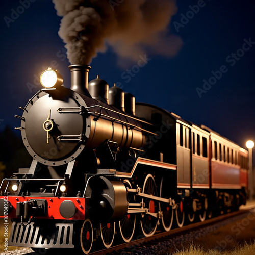 Vintage Steam Locomotive Moving Through Rainy Forest Track in Misty Morning