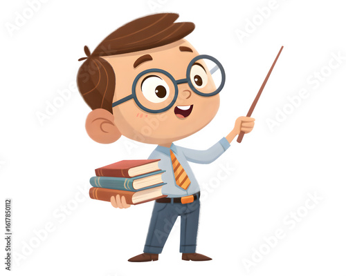 Happy cartoon boy teacher holding books and pointer stick
