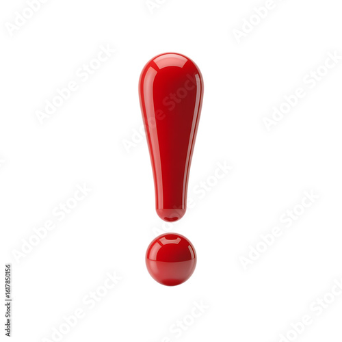 A glossy red exclamation mark isolated on transparent background, a symbol of attention and warning