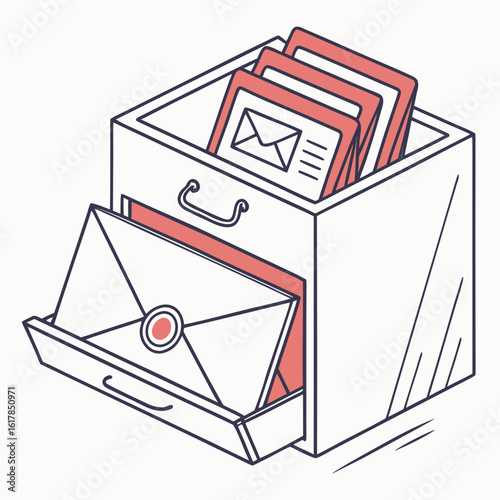 Classic american mailbox with an open door red flag and an envelope inside illustrated in a simple line art style