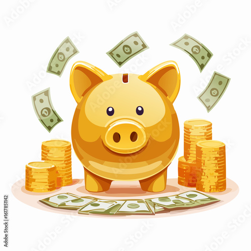 Flat vector illustration of a golden piggy bank surrounded by dollar bills and coin stacks, rich and vibrant colors