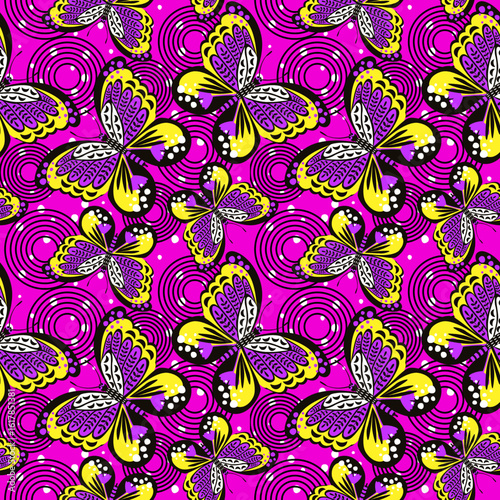  vibrant, seamless pattern features stylized pink, black, yellow and purple butterflies with white accents, set against a bright yellow background dotted with white spots.