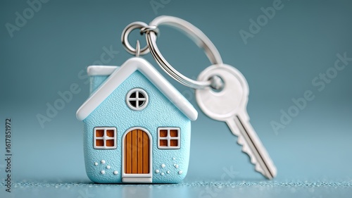 Cute Blue House Keyring: Home Sweet Home Concept, Real Estate Symbol