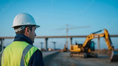 Construction engineer oversees infrastructure site. Man in safety vest inspecting heavy equipment. Ideal for construction, engineering, project management, and safety topics.