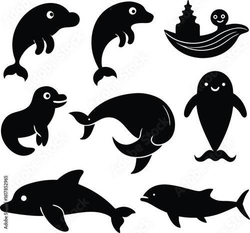 Cartoon vector set of cute aquatic animals, including fish, dolphin, whale, and shark silhouettes, for marine nature illustration