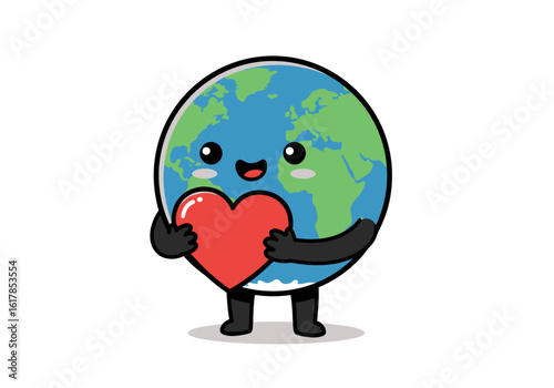 Cartoon Earth Holding a Red Heart, Symbolizing Love for the Planet