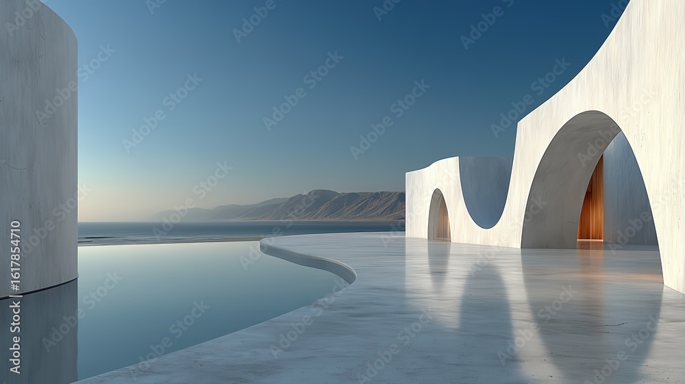 Naklejka premium Serene Minimalist Architecture: Oceanfront Modern Design with Infinity Pool