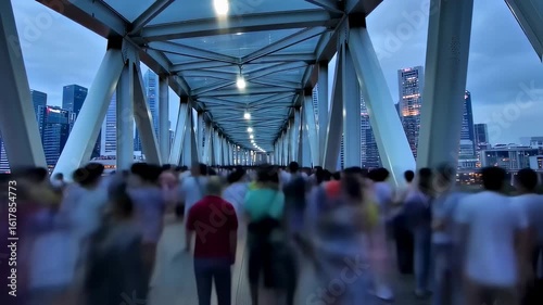 Crowd of people walking across pedestrian bridge in urban financial district at dusk