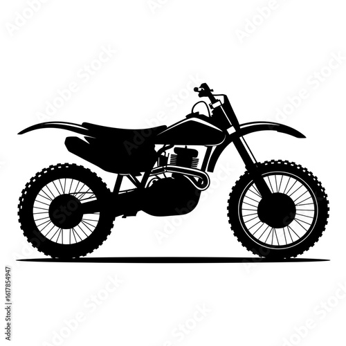 A silhouette of a dirt bike with knobby tires and a visible engine detail on a white background