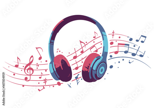 Stylish Headphones with Musical Notes Illustration in Blue and Pink Tones