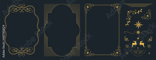 Christmas and Happy New Year frame design vector element set. Christmas tree, holly, reindeer, snowflake. Luxury element for invitation, banner, poster, cover, print, season holiday.