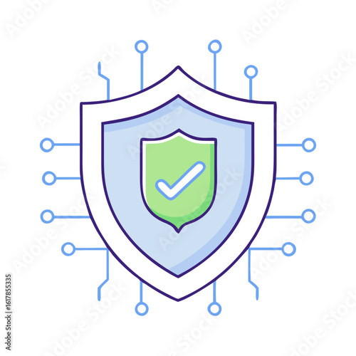 Stylized vector icon of a digital security shield with network connections