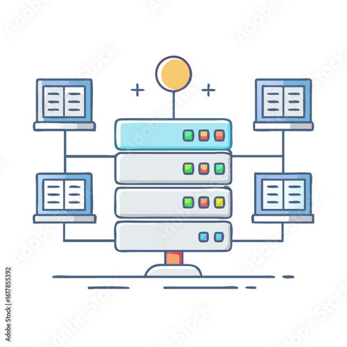 Stylized cartoon server infrastructure network with connected computers and cloud storage