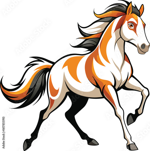 Black horse vector illustration of a running wild mustang stallion with a flowing mane and tail, perfect for animal and farm-themed designs