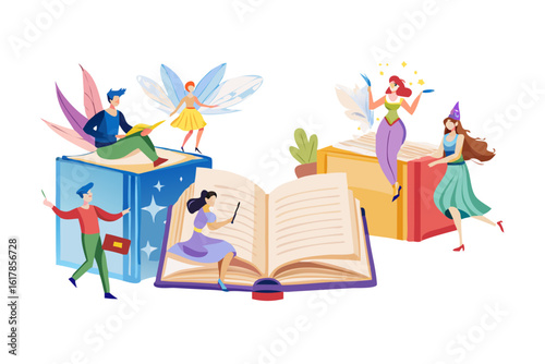 Fairies and people enjoy reading and learning from magical books and stories
