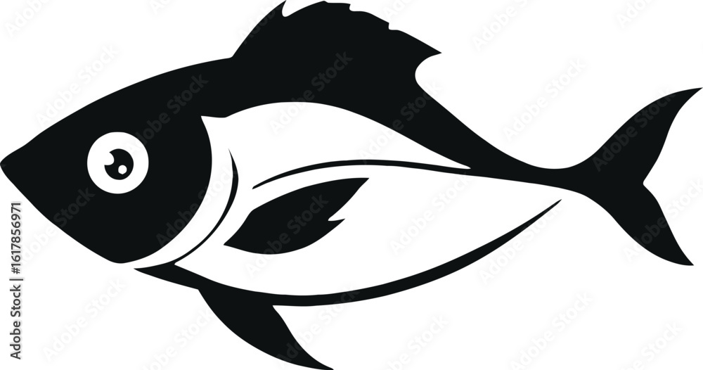 Fototapeta premium Fish icon, black and white vector of a streamlined fish with distinct fins, curved tail, and a prominent round eye—clean silhouette with simple natural detailing in a graceful horizontal pose