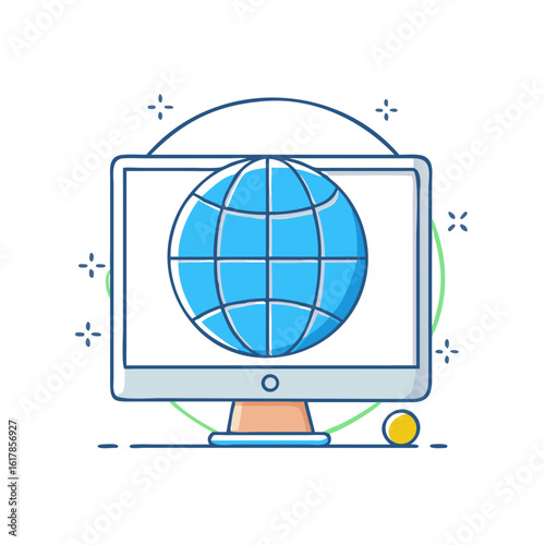 Computer screen displaying a blue globe graphic, suggesting global network communication