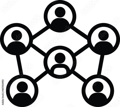 Black and white network of six people icons connected by lines connection group