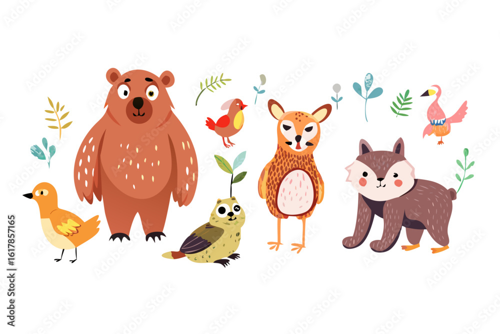 Naklejka premium Cute cartoon forest animals including bear deer wolf and birds with decorative plants