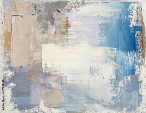 Abstract painting in muted tones of gray, beige, and blue.  Brushstrokes create layered effect