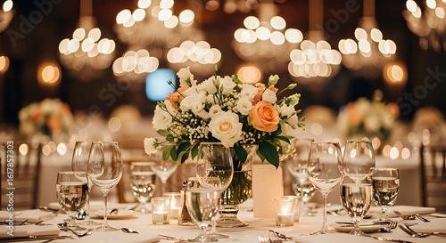 Elegant wedding reception setting with floral centerpiece, candles, and glassware creating a warm, inviting atmosphere