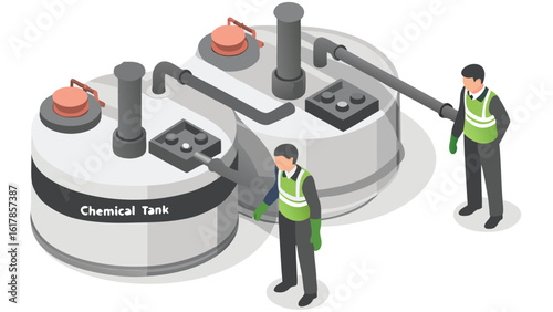 Isometric view of two chemical tanks with pipes and two workers in safety vests inspecting them