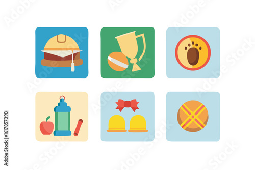 Collection of six flat design icons representing food sports pets holidays and celebrations