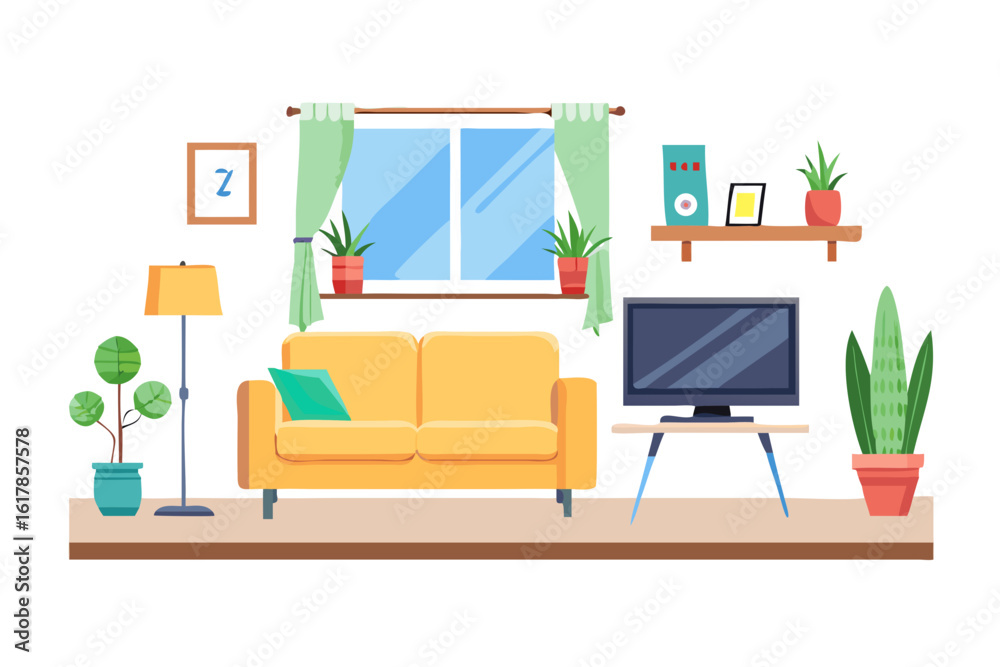 Fototapeta premium Cozy living room interior with yellow sofa television plants and window