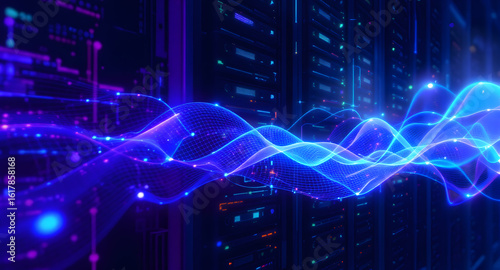 High-speed data flow in server racks. Blue and purple light waves symbolize network, cloud computing, and AI.