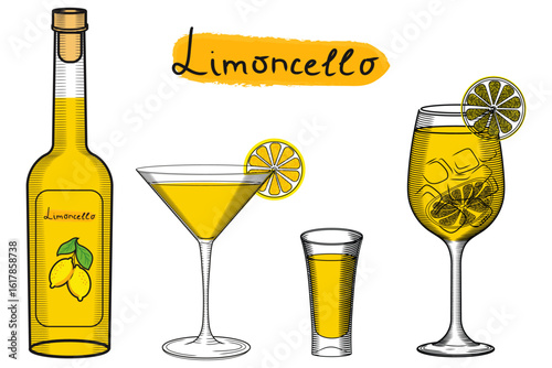 Limoncello bottle and set of glasses with cocktails and shot glasses vector illustration in color sketch style. Traditional Ilaian lemon liqueur for bar and menu. Classic Mediterranean aperitif