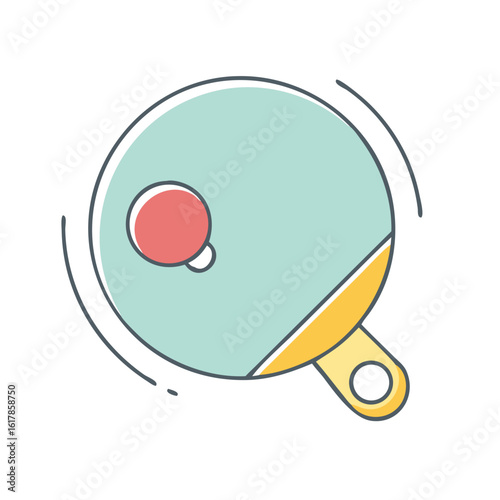 Simple and clean cartoon drawing of a ping pong paddle and ball