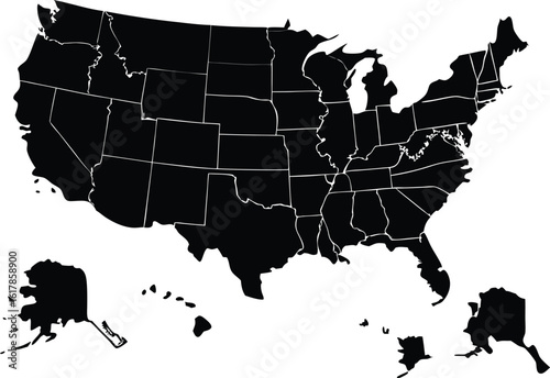 Black silhouette outline map of the USA, a vector illustration of the United States geography with state borders isolated on white