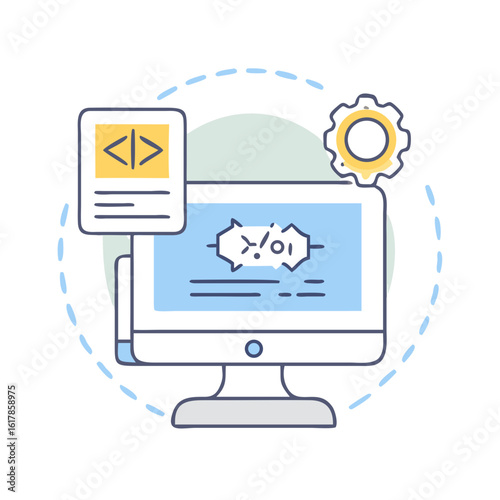 Colorful Illustration of a Computer, Gear, and Code Symbol for Programming