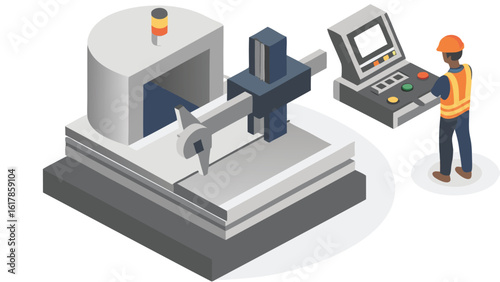 Isometric illustration of a milling machine with an operator and control panel in a factory setting