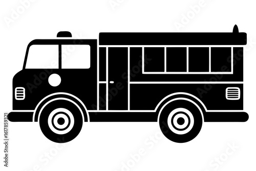Black silhouette of a fire truck on a white background