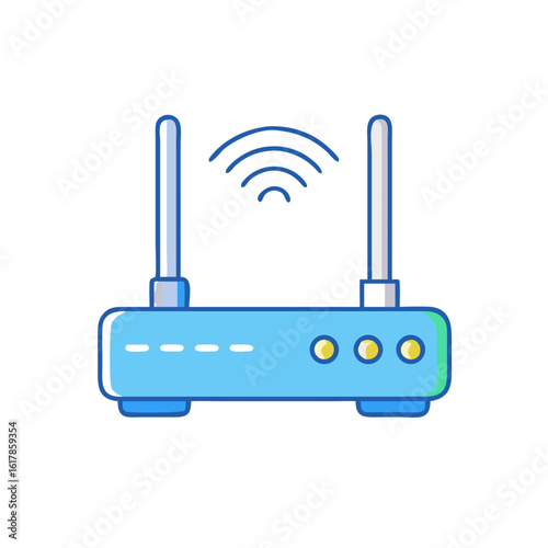 A blue wireless router emits a signal with two antennas displayed